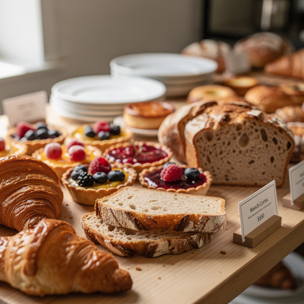 Jeannine's Bakery & Restaurant display of fresh croissants, muffins, and artisan breads in Santa Barbara