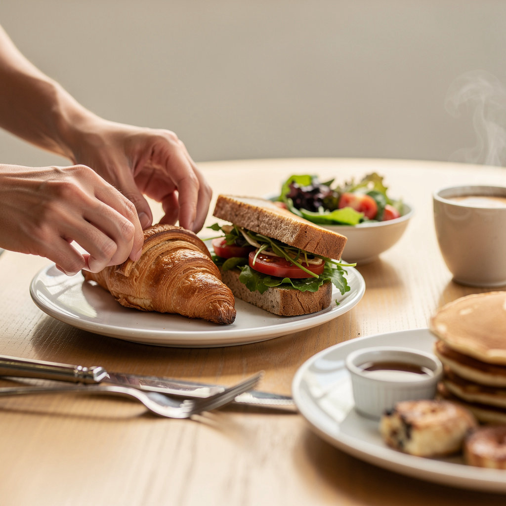 Fresh breakfast and lunch dishes at Jeannine's Bakery & Restaurant in Santa Barbara with ocean view seating